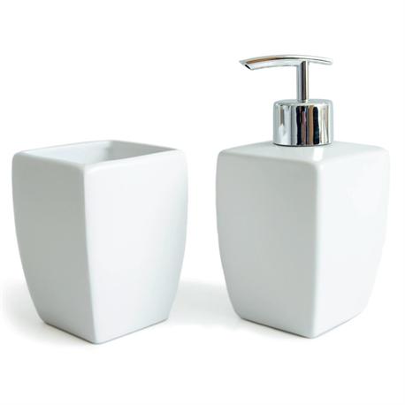 Σετ dispenser και ποτήρι κεραμικό λευκό cube