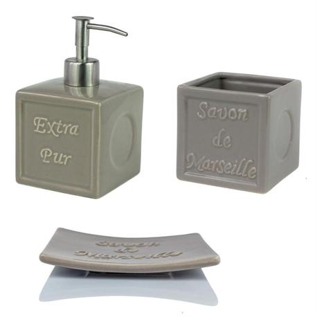 Set dispenser with glass and soap dish pottery grey savon