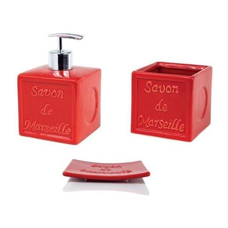 Set dispenser with glass and soap dish pottery red savon