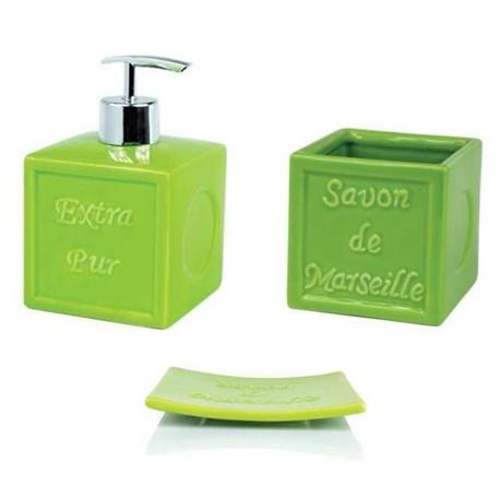Set dispenser with glass and soap dish pottery green savon