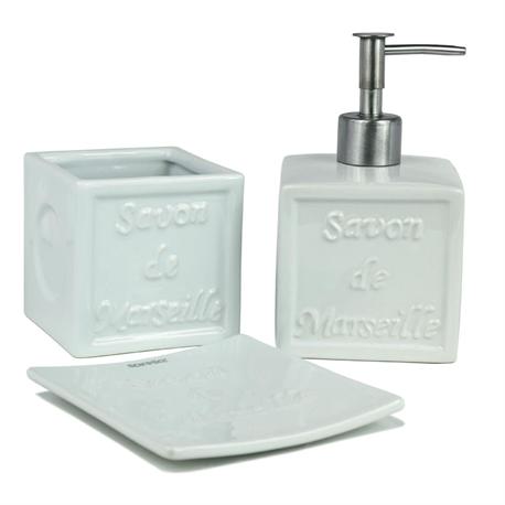Set dispenser with glass and soap dish pottery white savon