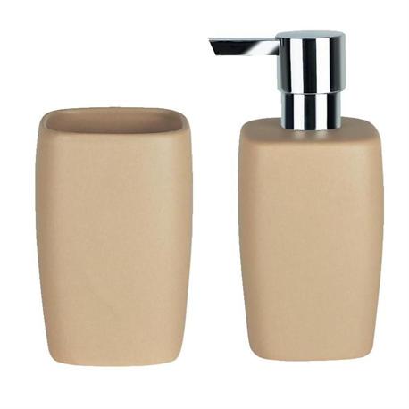 Σετ dispenser και ποτήρι κεραμικό μπέζ art
