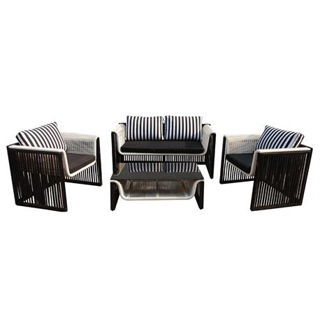 Set couch-2armchairs-table alu white-black round wicker 